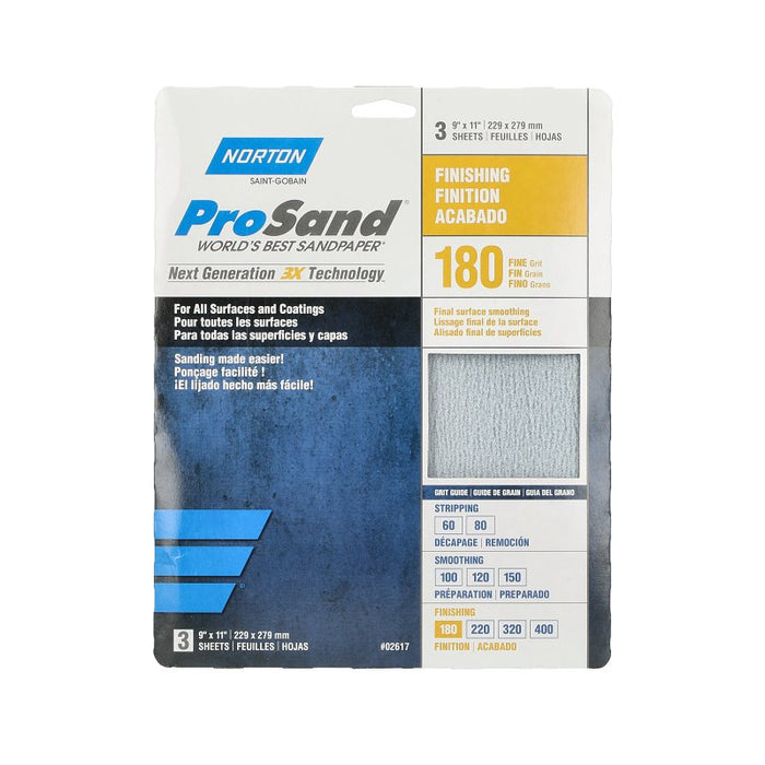 Norton ProSand 07660768159 Sanding Sheet, 11 in L, 9 in W, Fine, 180 Grit, Aluminum Oxide Abrasive, Paper Backing