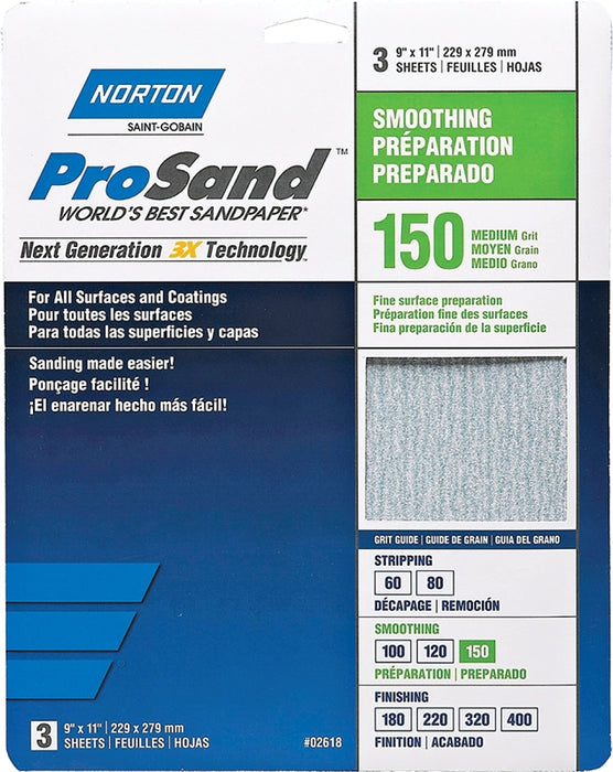 Norton ProSand 07660768160 Sanding Sheet, 11 in L, 9 in W, Medium, 150 Grit, Aluminum Oxide Abrasive, Paper Backing