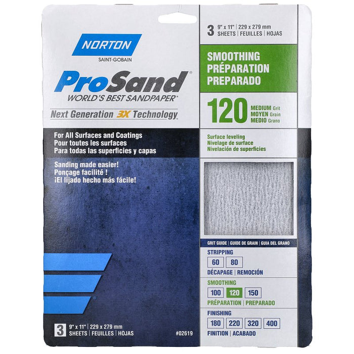 Norton ProSand 07660768161 Sanding Sheet, 11 in L, 9 in W, Medium, 120 Grit, Aluminum Oxide Abrasive, Paper Backing