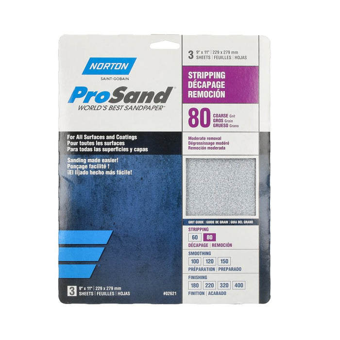 Norton ProSand 07660768163 Sanding Sheet, 11 in L, 9 in W, Coarse, 80 Grit, Aluminum Oxide Abrasive, Paper Backing