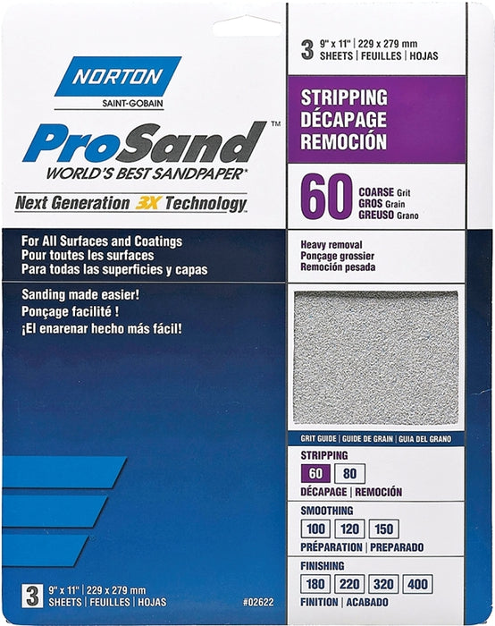 Norton ProSand 07660768164 Sanding Sheet, 11 in L, 9 in W, Coarse, 60 Grit, Aluminum Oxide Abrasive, Paper Backing