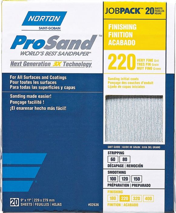 Norton ProSand 07660768167 Sanding Sheet, 11 in L, 9 in W, Very Fine, 220 Grit, Aluminum Oxide Abrasive, Paper Backing