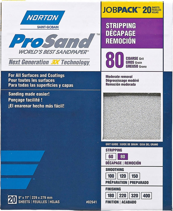 Norton ProSand 07660768174 Sanding Sheet, 11 in L, 9 in W, Coarse, 80 Grit, Aluminum Oxide Abrasive, Paper Backing