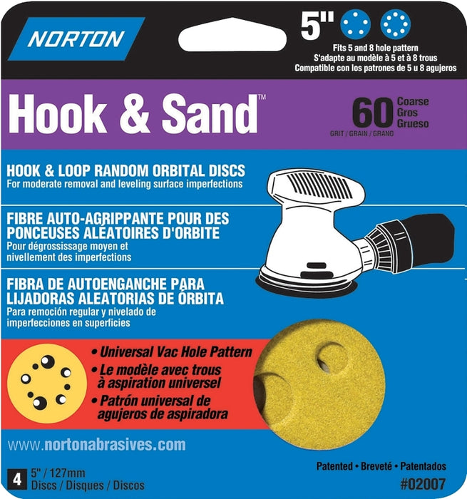 Norton 02007 Sanding Disc, 5 in Dia, Coated, P60 Grit, Coarse, Aluminum Oxide Abrasive, Universal Vacuum