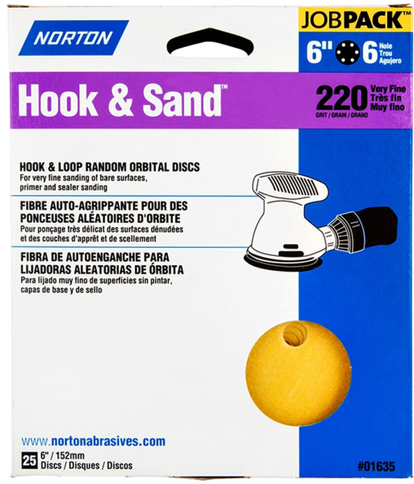 Norton Hook & Sand Series 07660701635 Vacuum Disc, 6 in Dia, P220 Grit, Very Fine, Aluminum Oxide Abrasive, 6-Hole