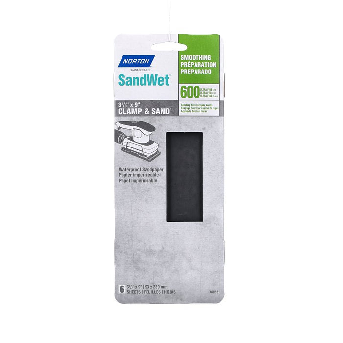 Norton SandWet T401 Series 68531 Sandpaper, 3-2/3 in W, 9 in L, 600 Grit, Fine, Silicon Carbide Abrasive, Paper Backing