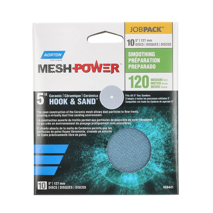 Norton MeshPower Series 68441 Sanding Disc, 5 in Dia, 120 Grit, Medium, Ceramic Alumina Abrasive