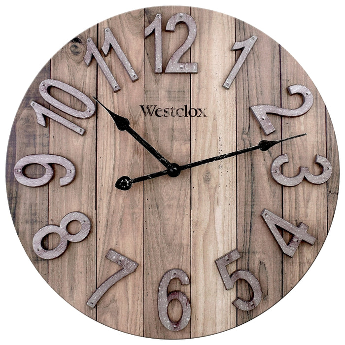 Westclox 38070 Clock, 15-1/2 in Dia, Round, Brown Frame, Wood Clock Face, Analog