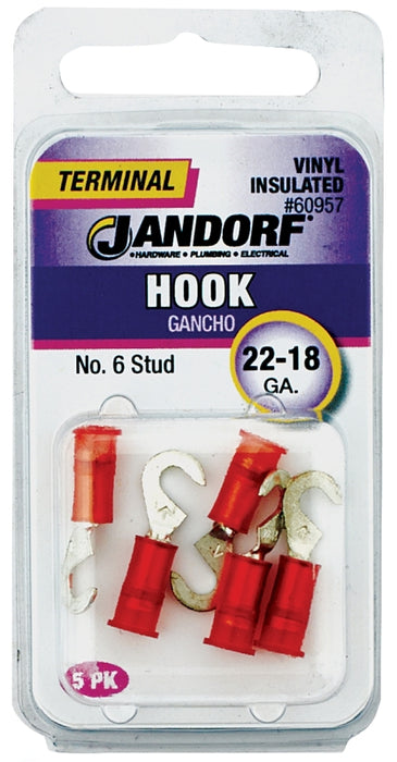 Jandorf 60957 Hook Terminal, 22 to 18 AWG Wire, #6 Stud, Vinyl Insulation, Red