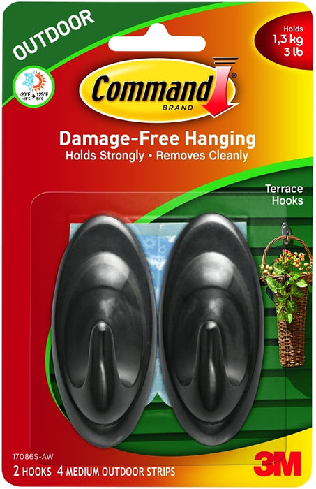 Command 17086S-AW Terrace Hook, 3 lb, 2-Hook, Plastic, Slate