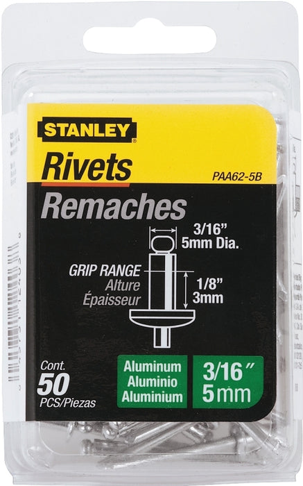 STANLEY PAA62-5B Pop Rivet, Reusable, 1-1/2 in L, Aluminum, 50/PK