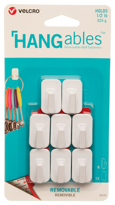 VELCRO Brand HANGables VEL-30103-USA Removable Wall Hook, 0.5 lb, 8-Hook, White