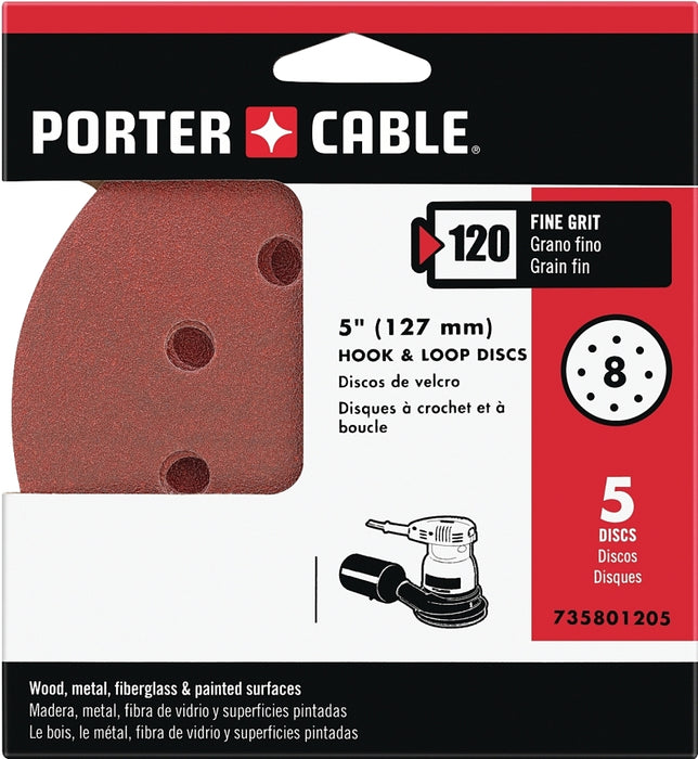 Porter-Cable 735801205 Sanding Disc, 5 in Dia, 120 Grit, Fine, Aluminum Oxide Abrasive, 8-Hole