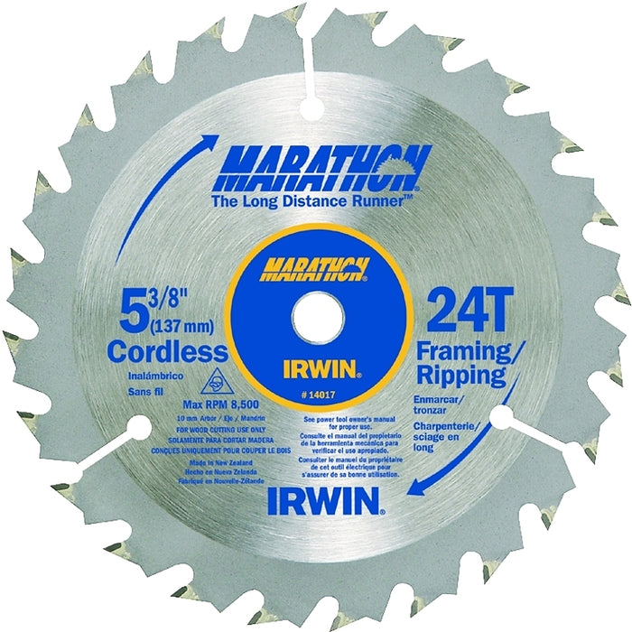 Irwin Marathon 14017 Circular Saw Blade, 5-3/8 in Dia, 0.39 in Arbor, 24-Teeth, Carbide Cutting Edge