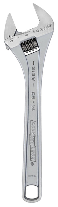 Channellock WIDEAZZ Series 812W Adjustable Wrench, 12 in OAL, 1-1/2 in Jaw, Steel, Chrome, Plain-Grip Handle