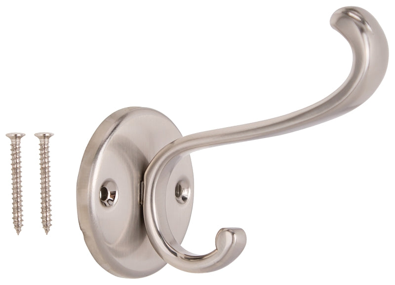 ProSource H-031-SN Coat and Hat Hook, 33 lb, 2-Hook, 1 in Opening, Zinc, Satin Nickel