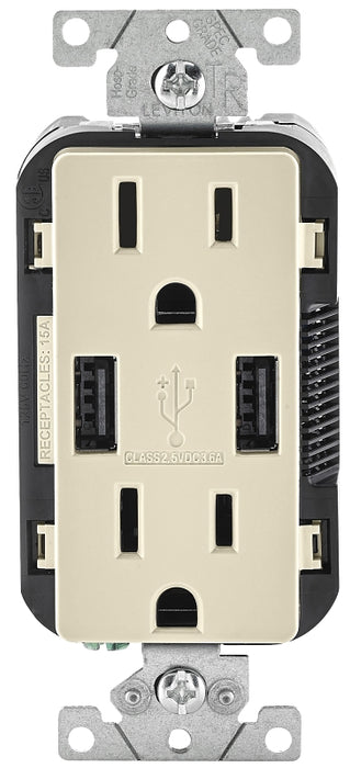 Leviton T5632-0BT USB Charger and Receptacle, 2-USB Port, Light Almond