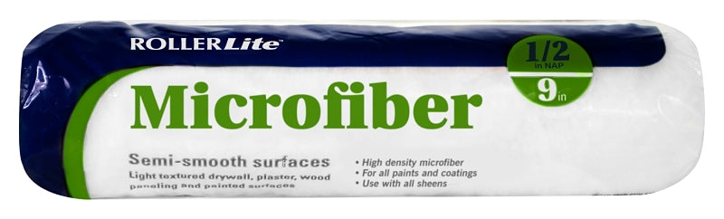 RollerLite 9MF8050 Roller Cover, 1/2 in Thick Nap, 9 in L, Microfiber Cover, White