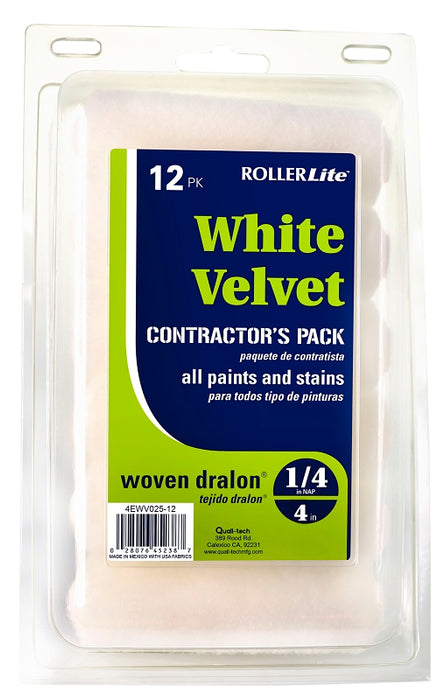 RollerLite White Velvet 4EWV025-12 Mini Roller Cover, 1/4 in Thick Nap, 4 in L, Dralon Fabric Cover, White