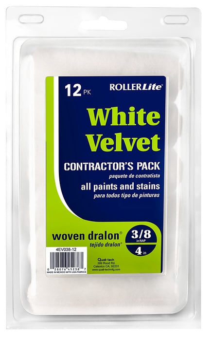 RollerLite White Velvet 4EWV038-12 Mini Roller Cover, 3/8 in Thick Nap, 4 in L, Dralon Fabric Cover, White