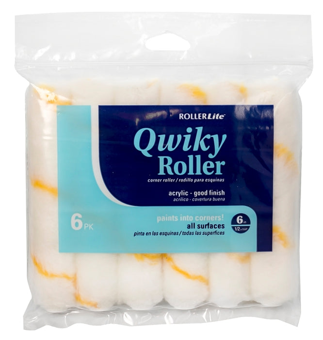 RollerLite Qwiky 6CR050Q-6 Mini Roller Cover, 1/2 in Thick Nap, 6 in L, Acrylic Cover, Gold/White, 6/PK