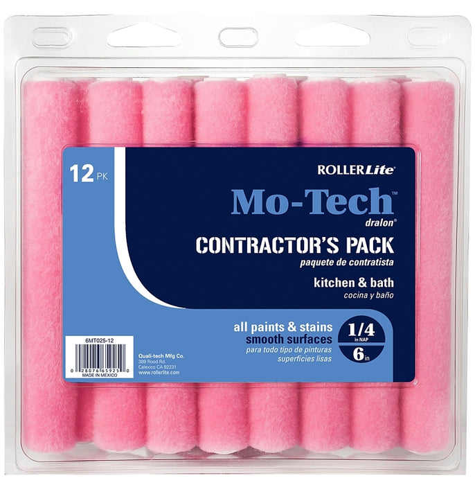 RollerLite Mo-Tech 6MT025-12 Mini Roller Cover, 1/4 in Thick Nap, 6 in L, Dralon Fabric Cover, Pink