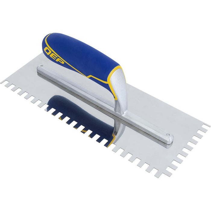 QEP 49916-12 Trowel, 11 in L, 4-1/2 in W, Square Notch, Contoured, Cushioned Grip Handle