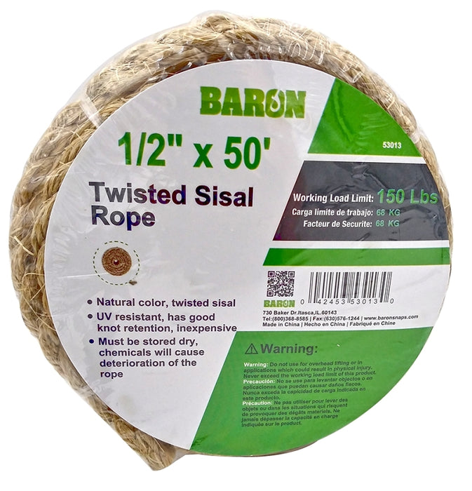 Baron 53013 Utility Rope, 1/2 in Dia, 50 ft L, 248 lb Working Load, Sisal