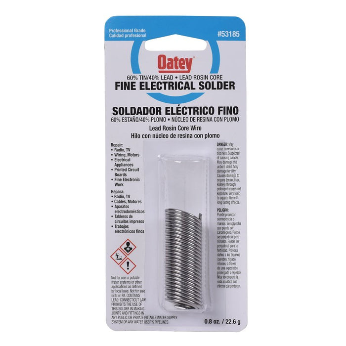 Oatey 53185 Rosin Core Solder, 0.8 oz Carded, Solid, Silver, 361 to 375 deg F Melting Point