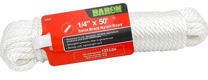 Baron 54805 Rope, 1/4 in Dia, 50 ft L, 1/4 in, 90 lb Working Load, Nylon, White