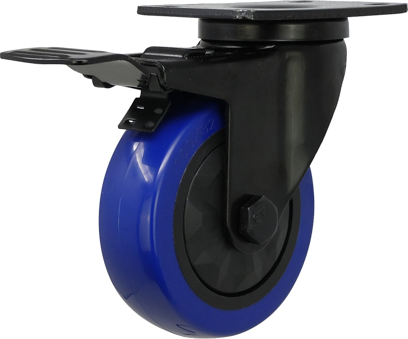 Shepherd Hardware 3664 Swivel Caster with Brake, 4 in Dia Wheel, TPU Wheel, Black/Blue, 300 lb