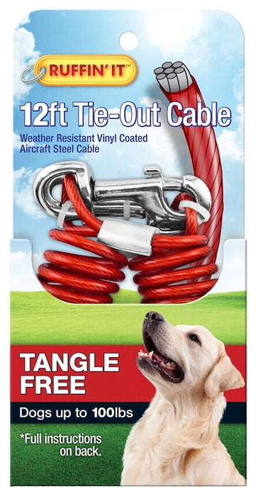 Ruffin'It 29712 Tie-Out Cable, Tangle-Free, Swivel Snap End, 12 ft, Steel, Red, For: Dogs up to 100 lb