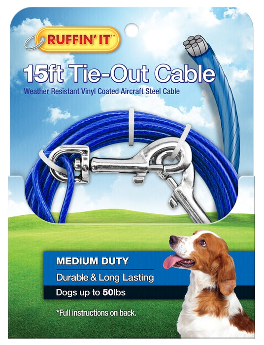 Ruffin'It 29115 Cable Tie-Out, Medium-Duty, Swivel Snap End, 15 ft, Steel, Blue, For: Dogs up to 50 lb