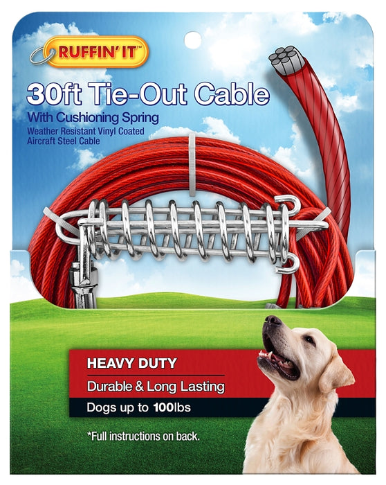 Ruffin'It 29230 Cable Tie-Out with Cushioning Spring, Heavy-Duty, Swivel Snap End, 30 ft, Steel, Red