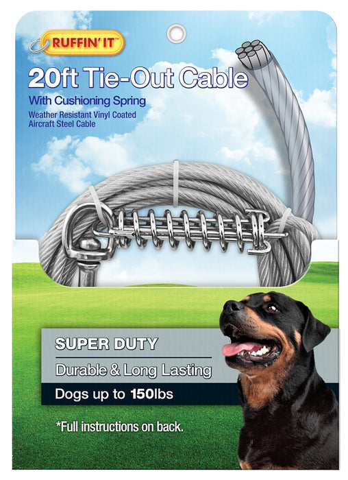 Ruffin'It 29620 Cable Tie-Out, Super-Duty, Swivel Snap End, 20 ft, Steel, Clear, For: Dogs up to 150 lb