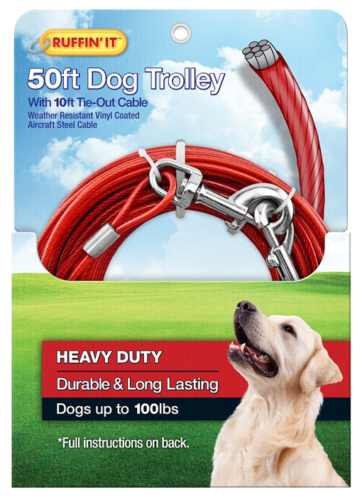 Ruffin'It 29450 Tie-Out Cable with Dog Trolley, Swivel Snap End, 10 ft, Steel, Red, For: Dogs up to 100 lb