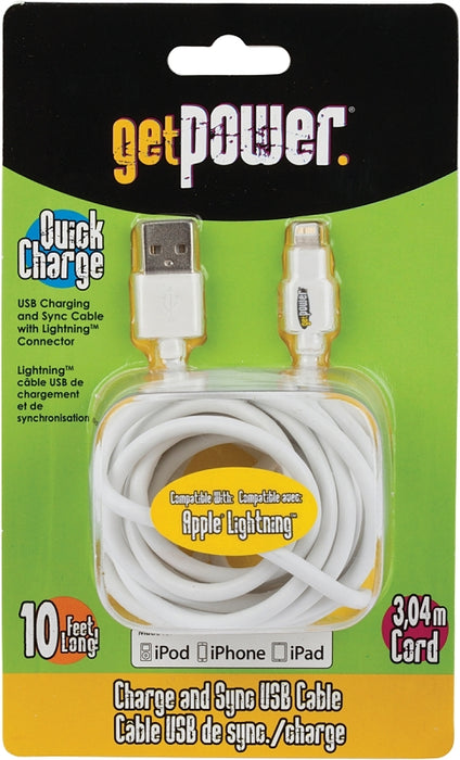 GetPower GP-XL-USB-L USB Charging and Sync Cable, White, 10 ft L