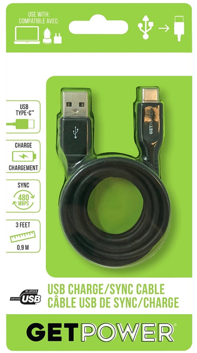 GetPower GP-USB-USBC Charge and Sync Cable, USB-A, USB-C, 3 ft L