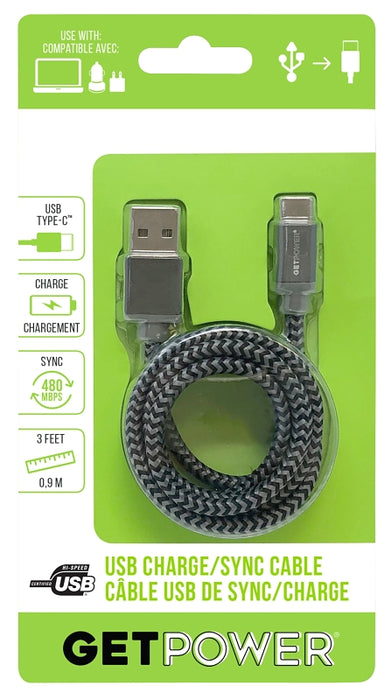 GetPower GP-USB-BRC Charge and Sync Cable, USB 2.0 A, USB-C, 3 ft L