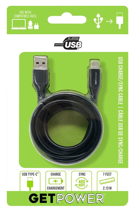 GetPower GP-XL-USB-C XL Charging and Sync USB Cable, USB 2.0 A, USB-C, 7 ft L