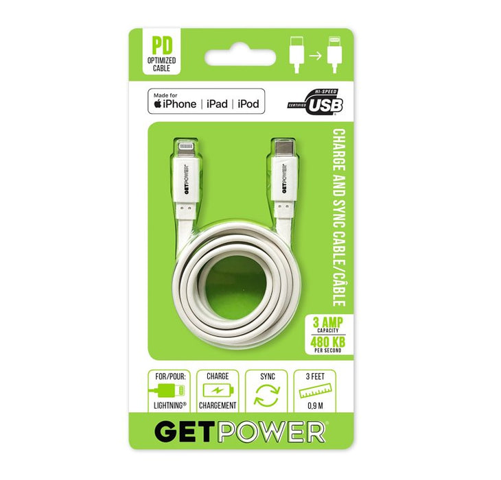 GetPower GP-USBC-ACL Sync and Charging Cable, USB Type C, Lightning, White, 3 ft L