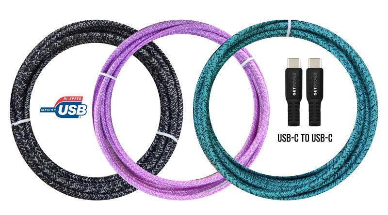 GetPower GP-XL-BRDC-C Power Delivery Braided Charging Cable, USB-C, USB-C, 10 ft Cable, Multi-Color