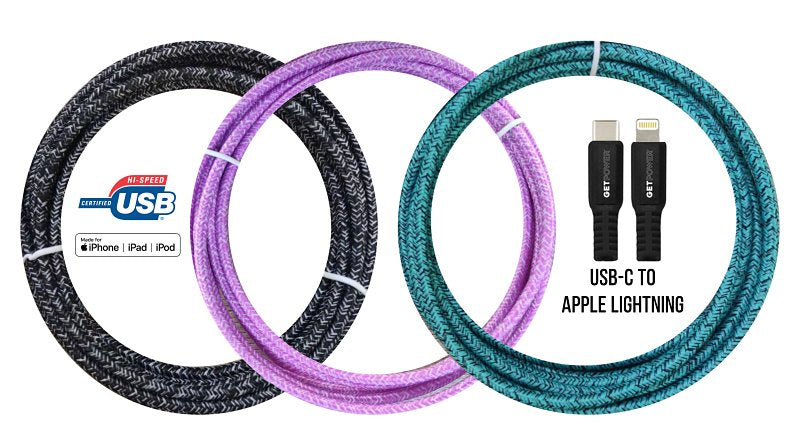 GetPower GP-XL-BRDC-L Power Delivery Braided Charging Cable, USB-C, Apple Lightning, 10 ft Cable, Multi-Color