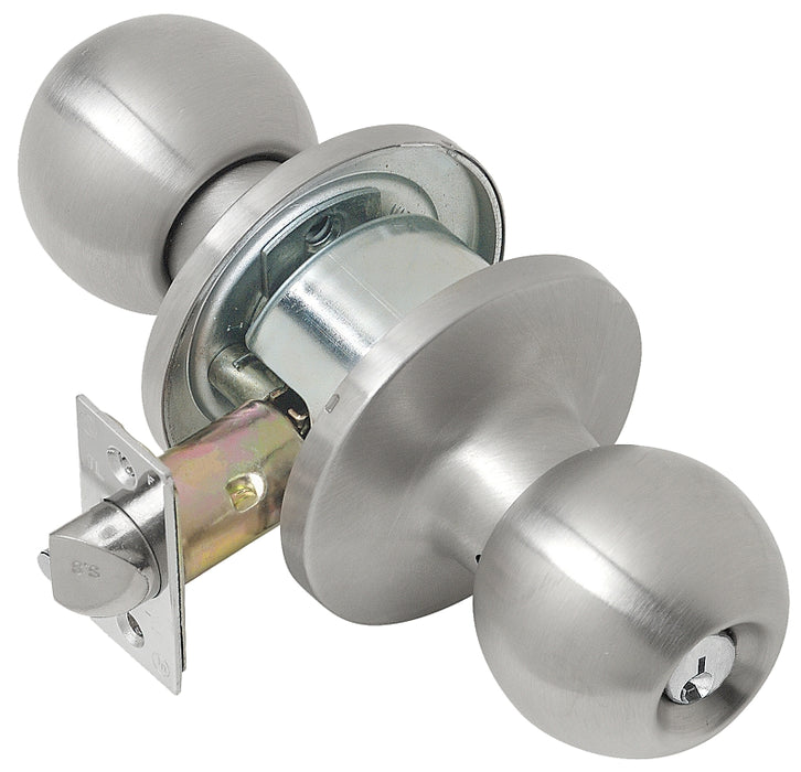 Tell Manufacturing CL101704 Storeroom Knob, Satin, Commercial, 2 Grade, C Keyway, 2-3/8 to 2-3/4 in Backset