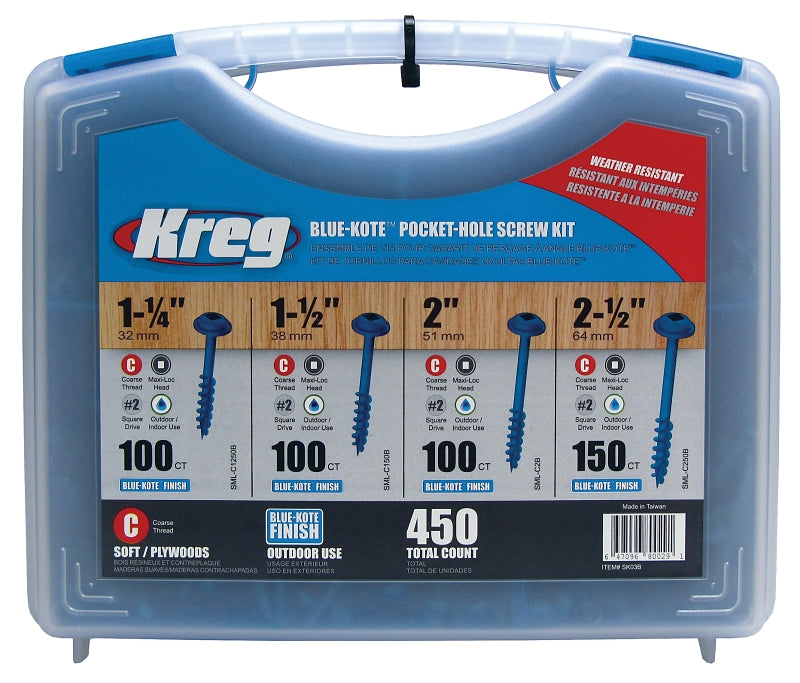 Kreg Blue-Kote SK03B Pocket-Hole Screw Kit, Zinc, 450-Piece