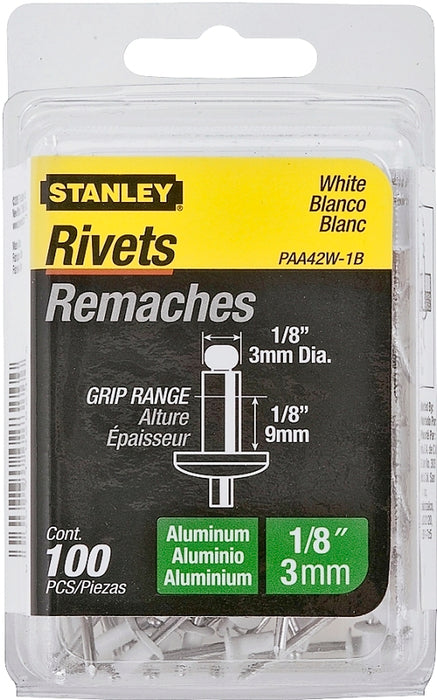 STANLEY PAA42W-1B Pop Rivet, Reusable, 1-1/2 in L, Aluminum, 100/PK