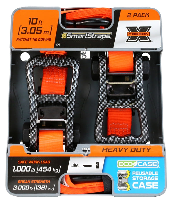 SmartStrap 240 Tie-Down, 1-1/4 in W, 10 ft L, Carbon Fiber, Orange, 1000 lb, S-Hook End Fitting, Steel End Fitting