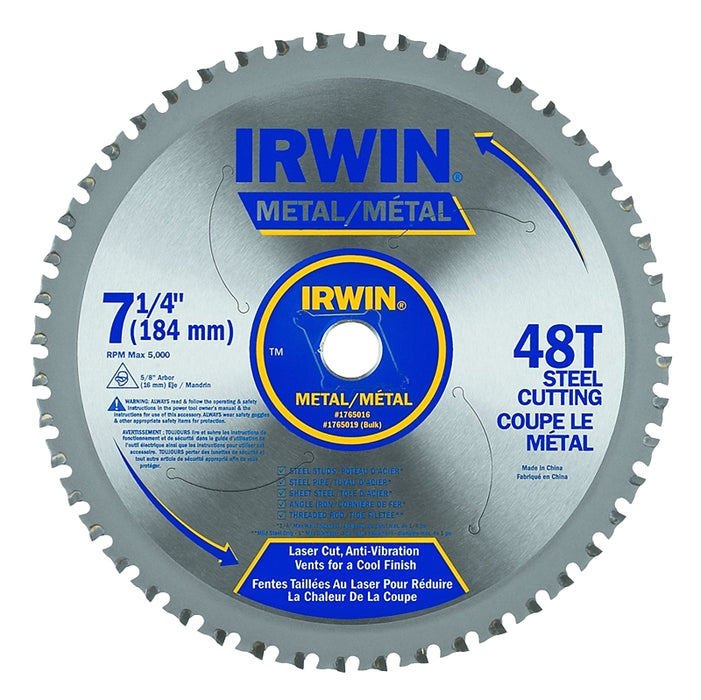 Irwin 4935555 Blade, 7-1/4 in Dia, 5/8 in Arbor, 48-Teeth, Carbide Cutting Edge