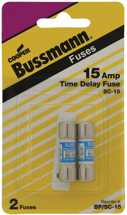 Bussmann BP/SC-15 Time Delay Fuse, 15 A, 600 VAC, 170 VDC, 10, 100 kA Interrupt, Glass Body