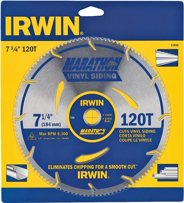 Irwin 11830 Circular Saw Blade, 7-1/4 in Dia, 5/8 in Arbor, 120-Teeth, Applicable Materials: PVC, Vinyl